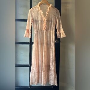 Vintage Pink Sheer Lace Midi Cottage Dress